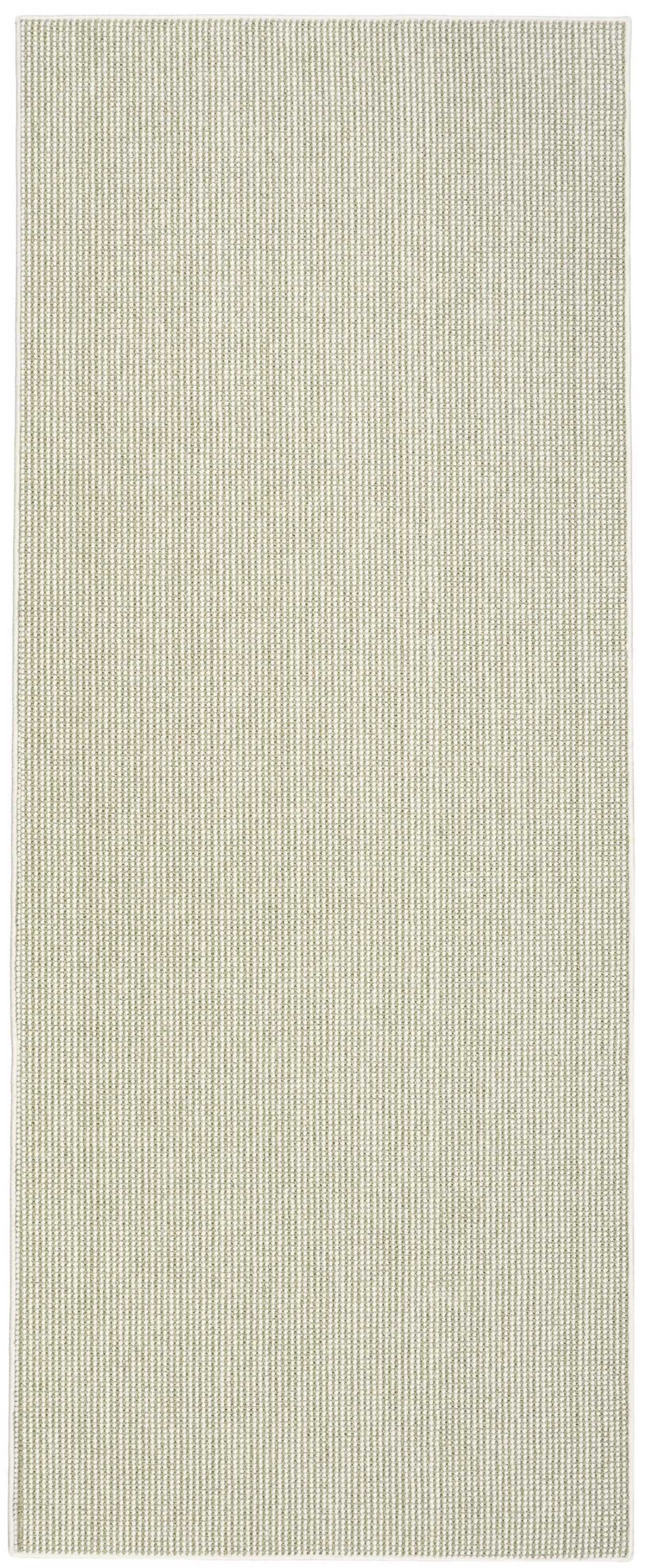 Beige textured woven rug runner with a tight dot-like pattern & slim border; ideal for hallways or entryways.