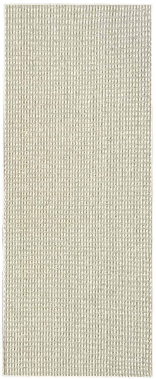 Beige textured woven rug runner with a tight dot-like pattern & slim border; ideal for hallways or entryways.