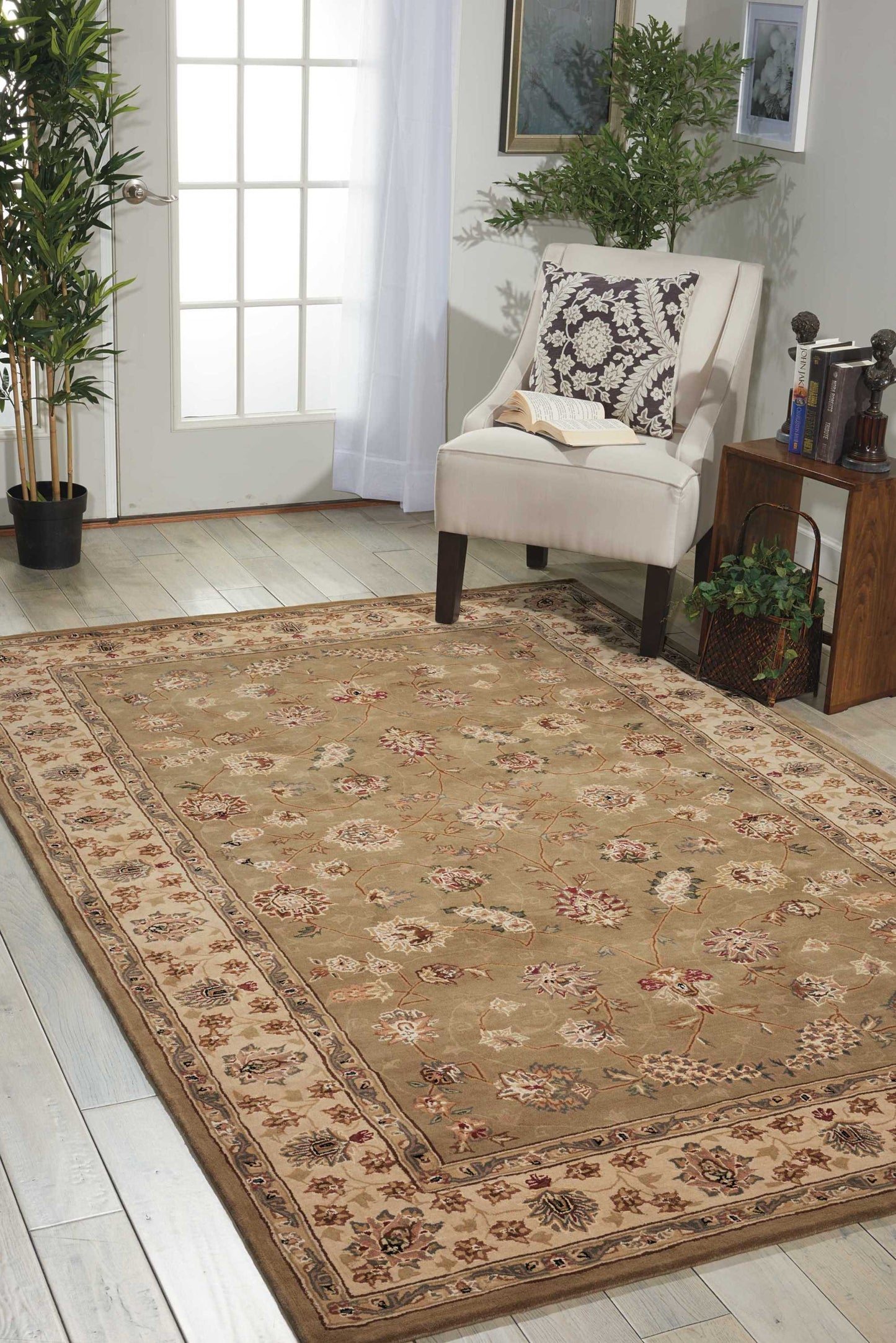 Beige traditional oriental runner rug with floral motifs and ornate border; complements a cozy living room.