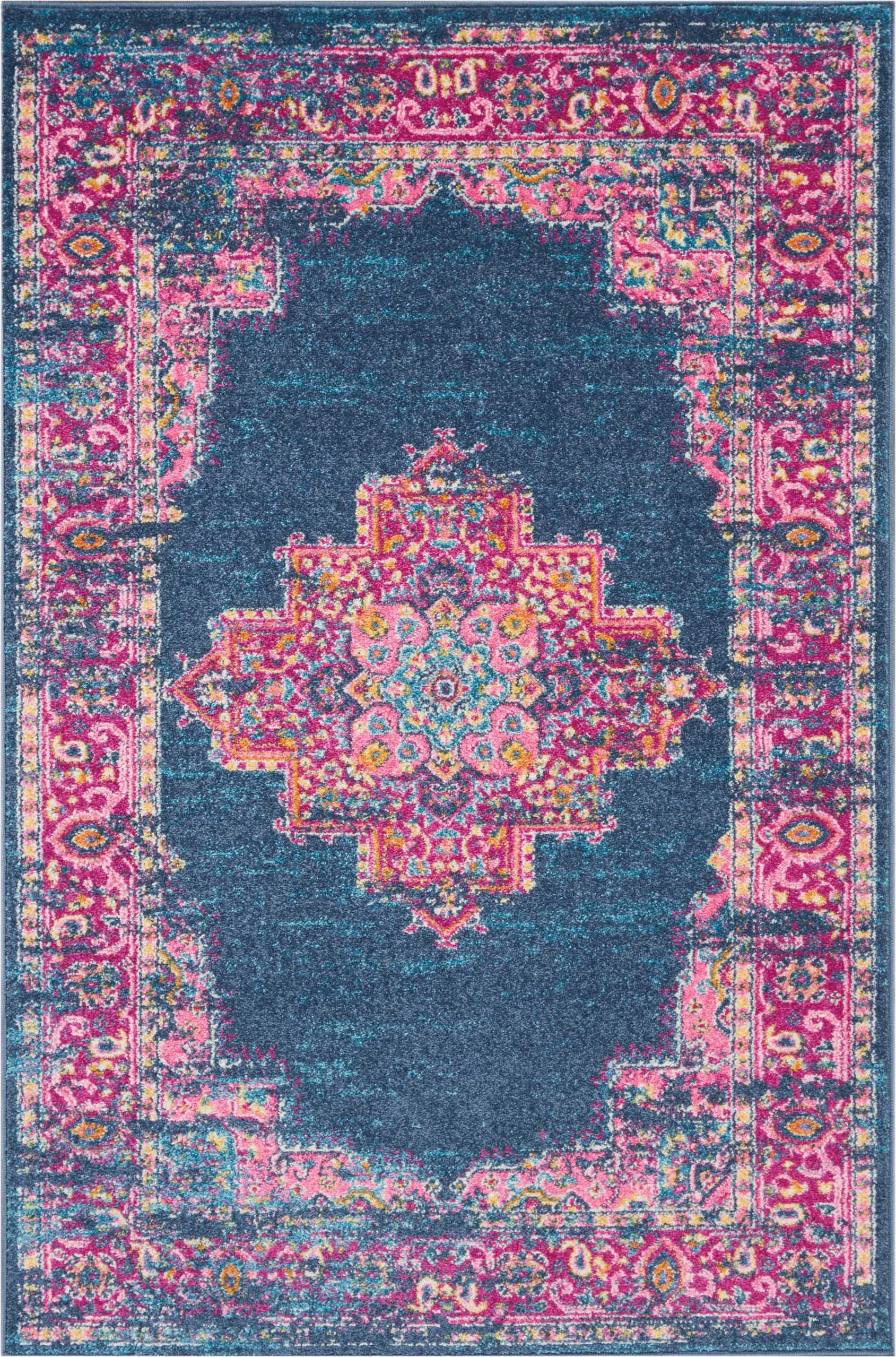 Bohemian-inspired rug with a navy field, vivid pink borders, turquoise accents, & a central ornate medallion; decorative floor accent.
