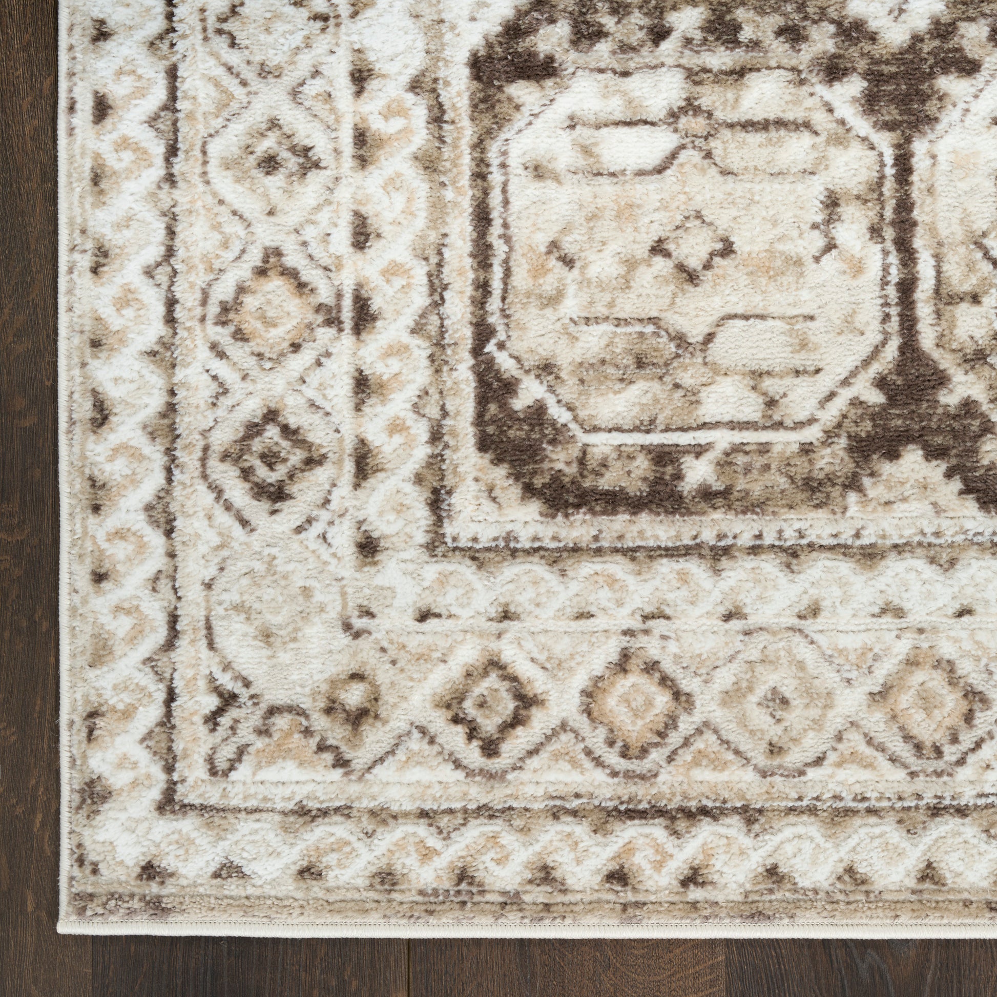 Beige and brown oriental area rug with geometric border and central medallion; plush low-pile, rectangular.