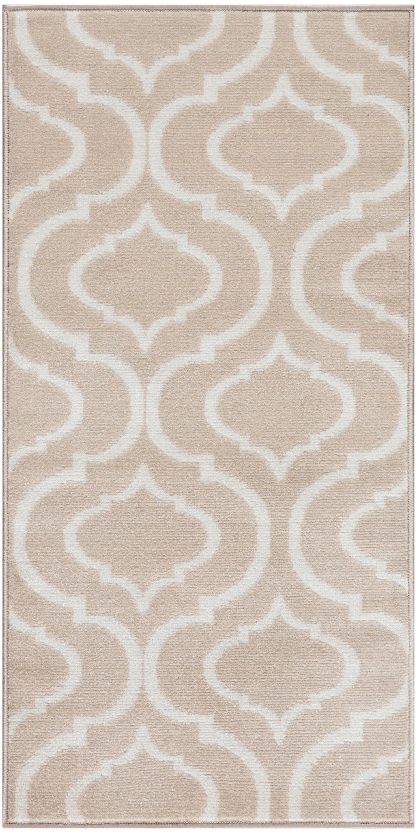 Beige rectangular rug with white arabesque trellis pattern and soft textured pile.