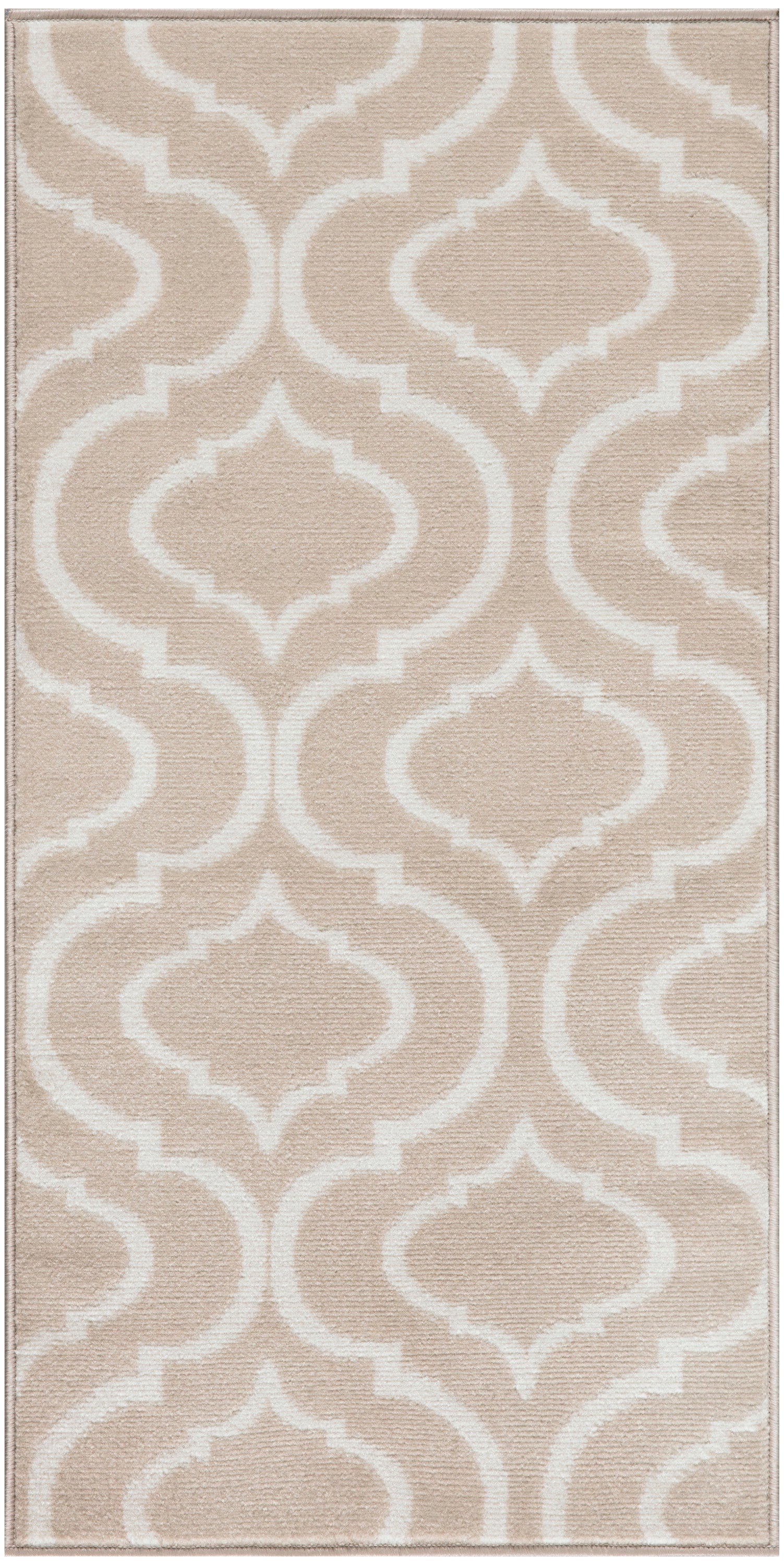 Beige rectangular rug with white arabesque trellis pattern and soft textured pile.