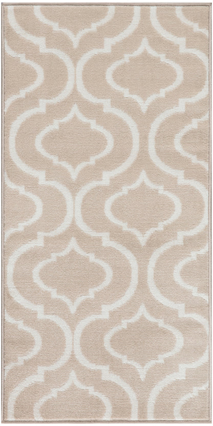 Beige rectangular rug with white arabesque trellis pattern and soft textured pile.