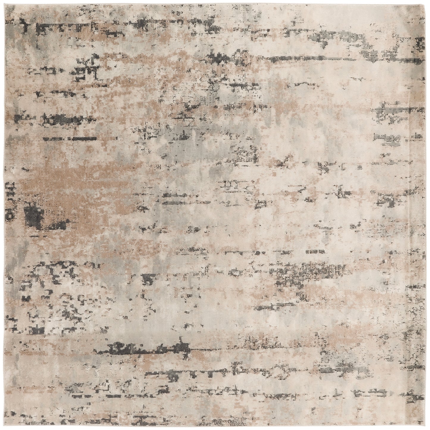 Rectangular abstract distressed area rug in beige, cream, taupe and charcoal black; modern, versatile decor.