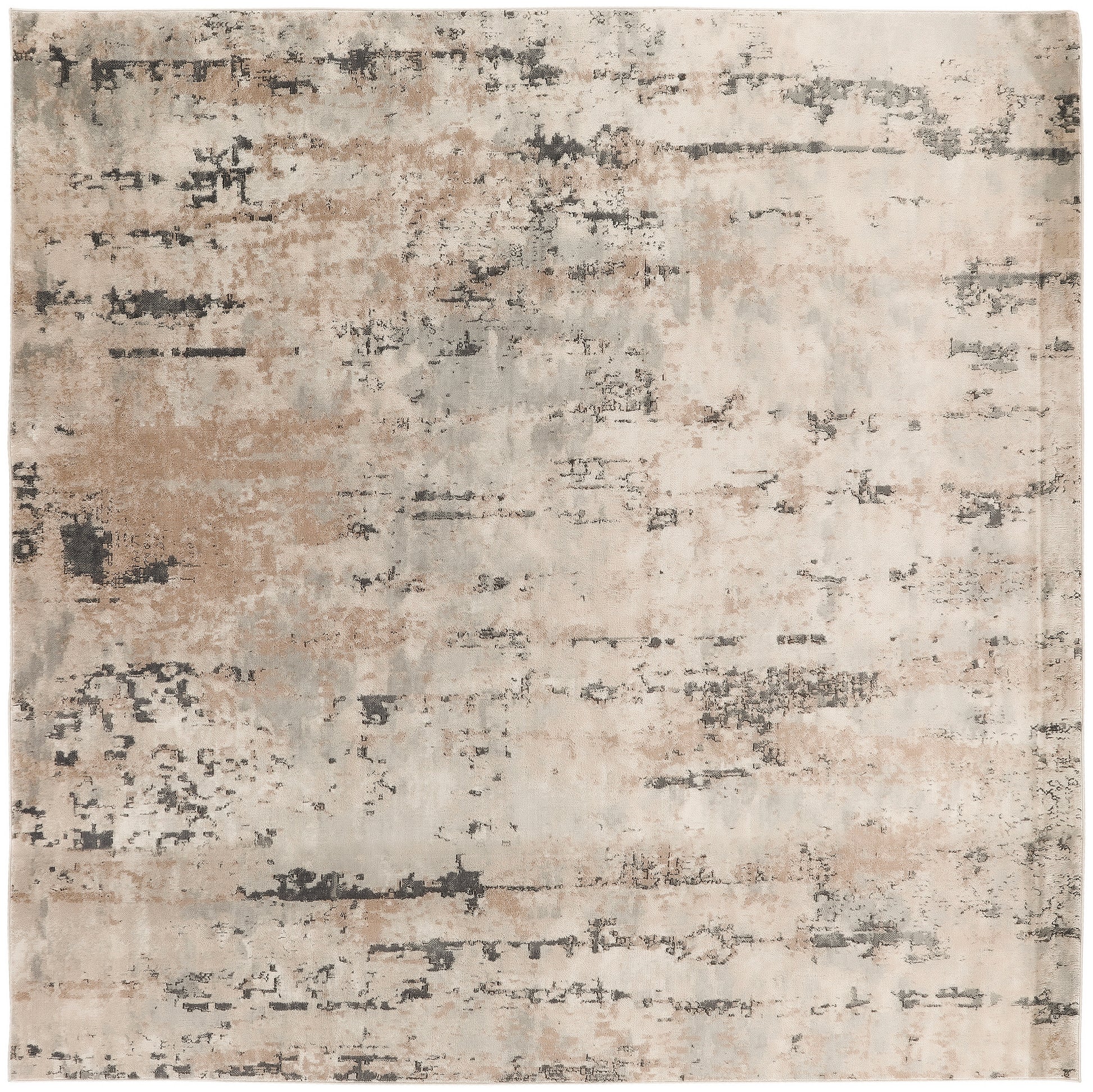 Rectangular abstract distressed area rug in beige, cream, taupe and charcoal black; modern, versatile decor.