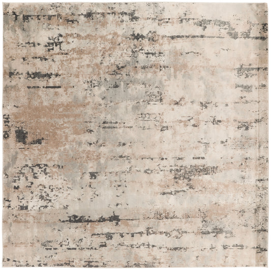 Rectangular abstract distressed area rug in beige, cream, taupe and charcoal black; modern, versatile decor.