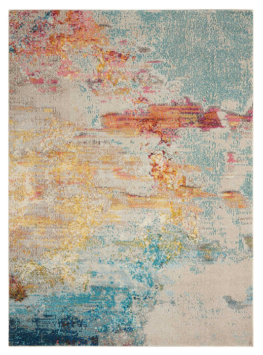 Abstract distressed area rug with painterly swirls of pink, teal, orange, yellow and beige; modern decor rug.