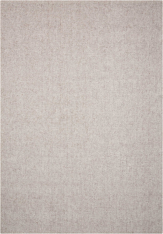 Beige woven rectangular rug with subtle textured surface, neutral linen/jute-like fibers.