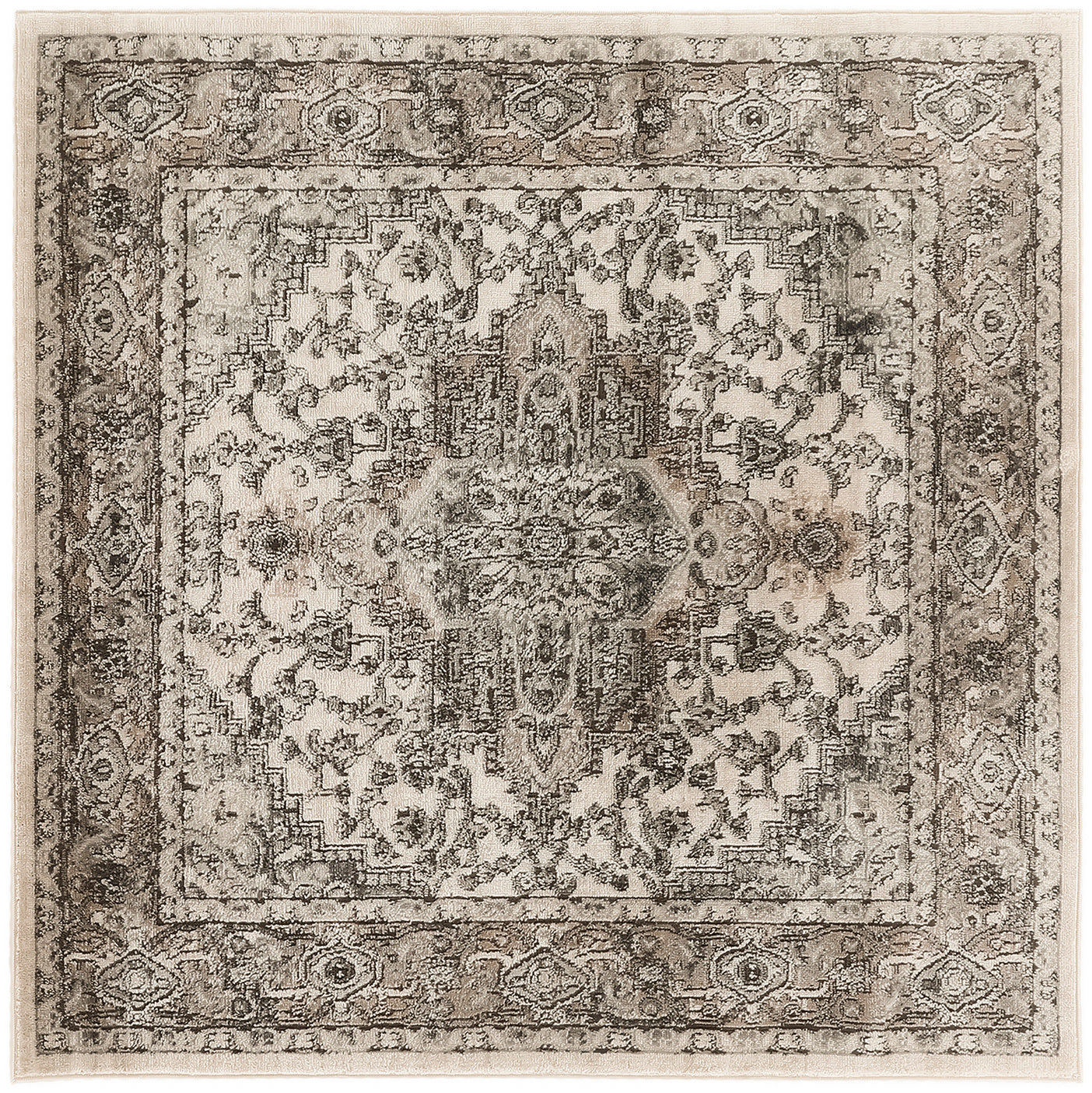 Vintage-style rug, 5 ft square, in ivory, gray and taupe with a central medallion and intricate floral border.