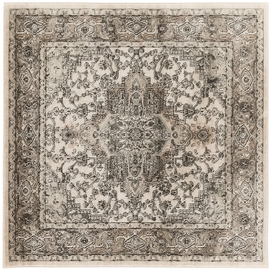 Vintage-style rug, 5 ft square, in ivory, gray and taupe with a central medallion and intricate floral border.