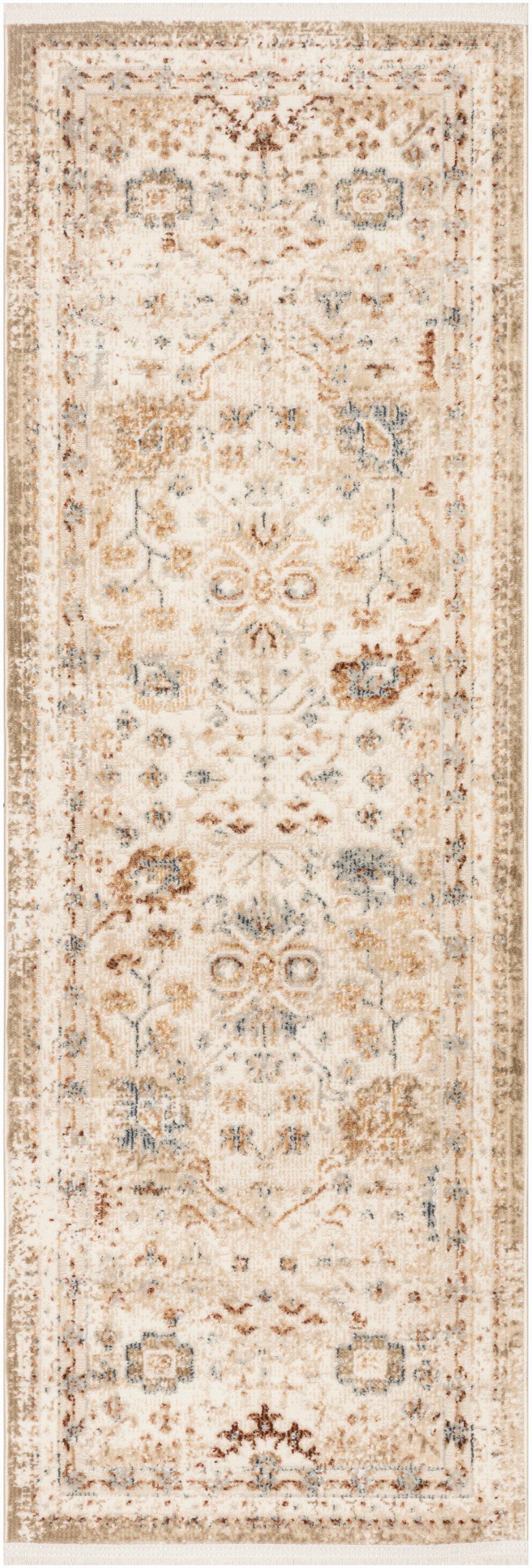 Long rectangular vintage-style runner rug in ivory and beige with subtle blue floral motifs and a bordered pattern.