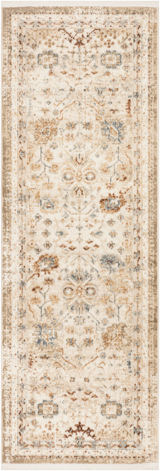 Long rectangular vintage-style runner rug in ivory and beige with subtle blue floral motifs and a bordered pattern.