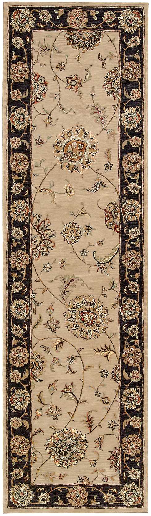 Persian-style oriental rug runner with beige field, dark border, and scrolling floral motifs in browns, reds, and blues.