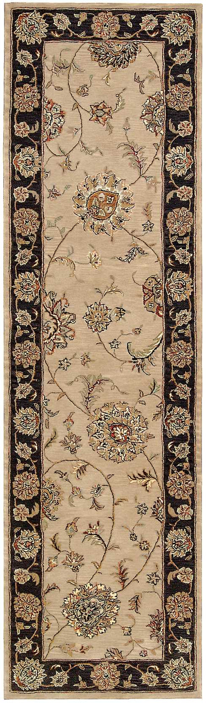 Persian-style oriental rug runner with beige field, dark border, and scrolling floral motifs in browns, reds, and blues.