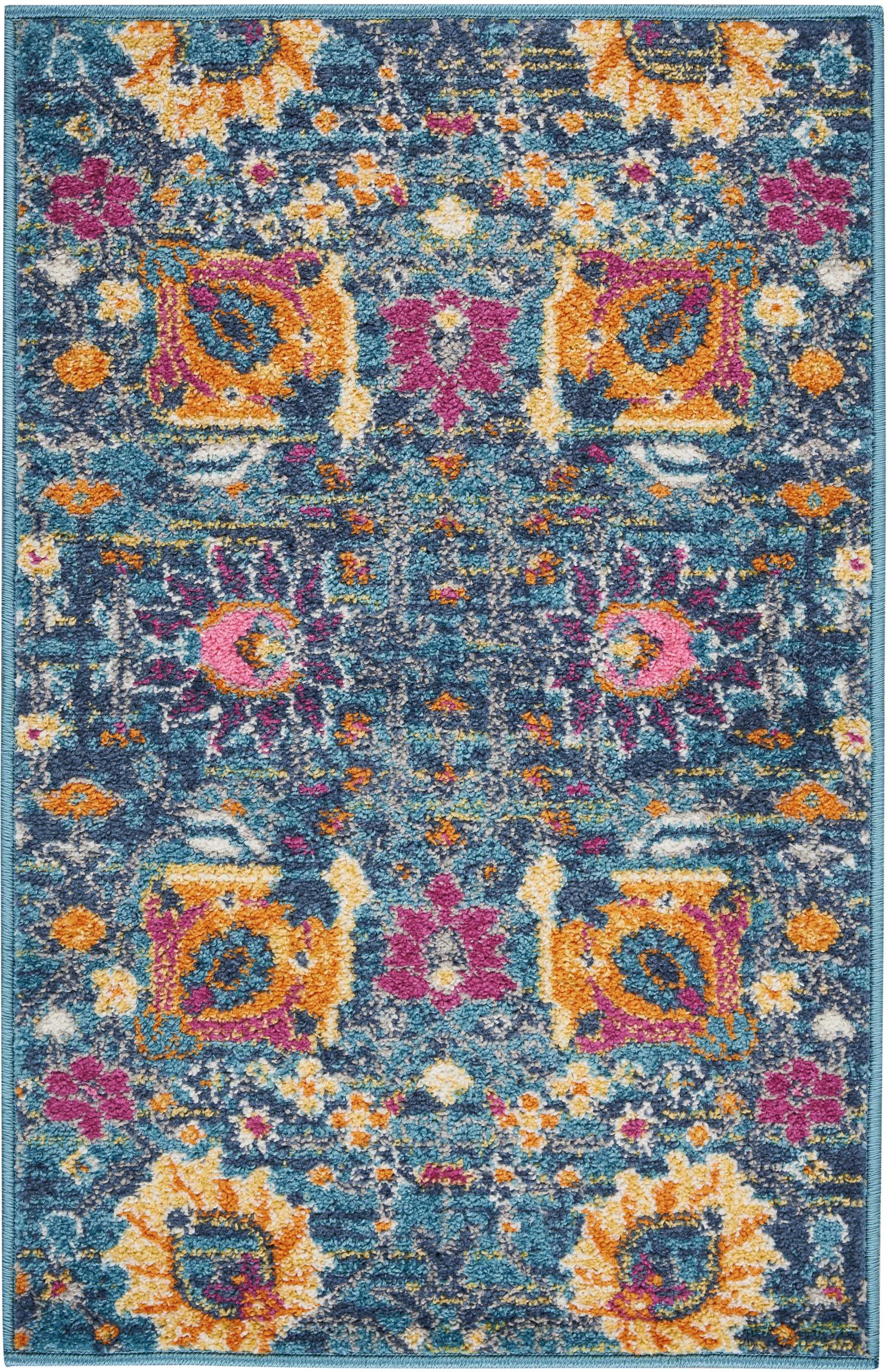 Turquoise-blue rug with orange, pink & yellow floral medallions in a symmetrical Persian-inspired pattern.