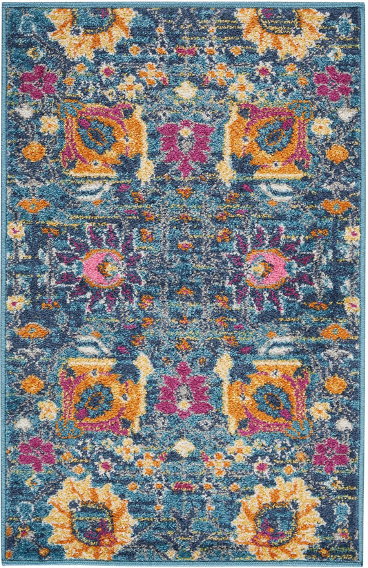 Turquoise-blue rug with orange, pink & yellow floral medallions in a symmetrical Persian-inspired pattern.