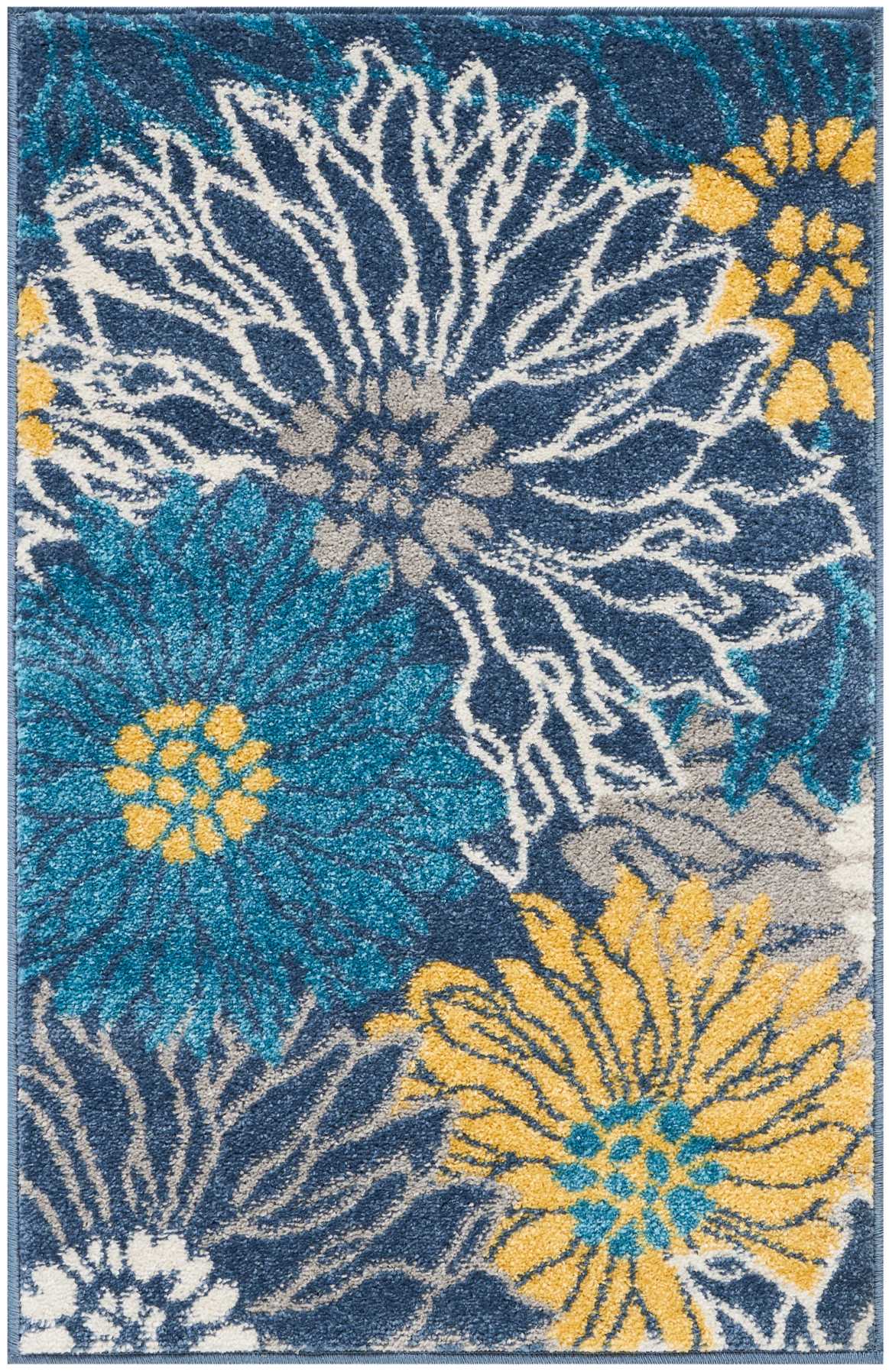 Rectangular shag rug with bold blue background and large teal, white, and yellow floral pattern; modern tropical style; size 2' x 3'.