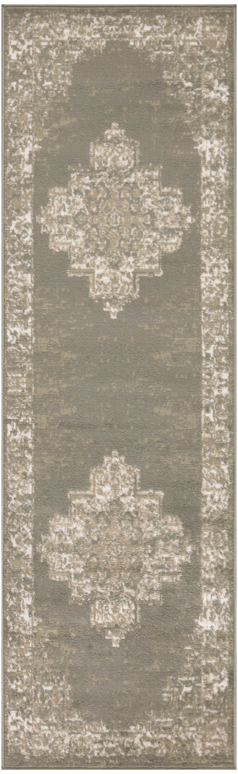 Distressed taupe runner rug with cream Persian medallion motifs and antiqued border.