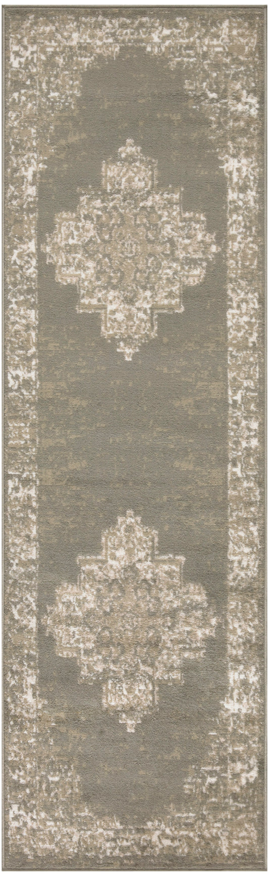 Distressed taupe runner rug with cream Persian medallion motifs and antiqued border.