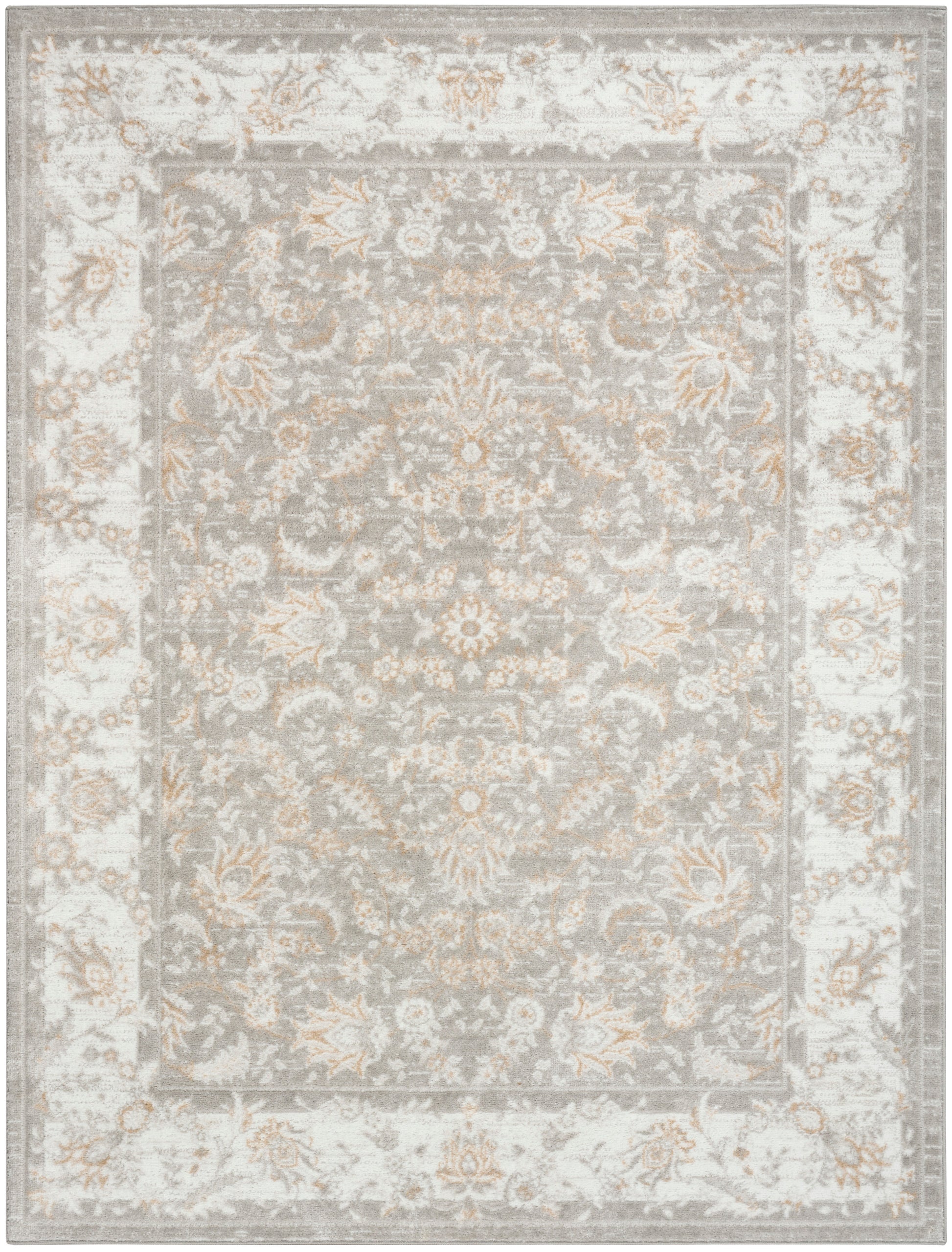 Gray vintage floral oriental area rug with ivory border and gold accents; ornate center medallion, machine-made.