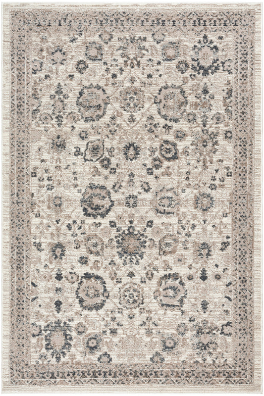 Rectangular beige oriental rug with blue-gray floral medallions, ivory background, and an ornate border.