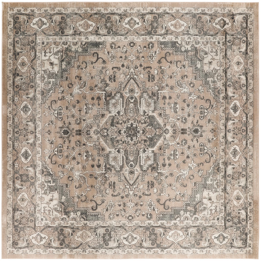 Rectangular farmhouse-style area rug in beige/ivory with a central medallion and ornate border for living room decor.