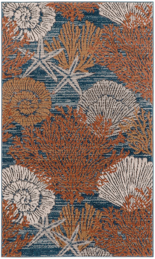 Rectangular coastal rug featuring orange coral, white shells, and teal seaweed on a blue background.