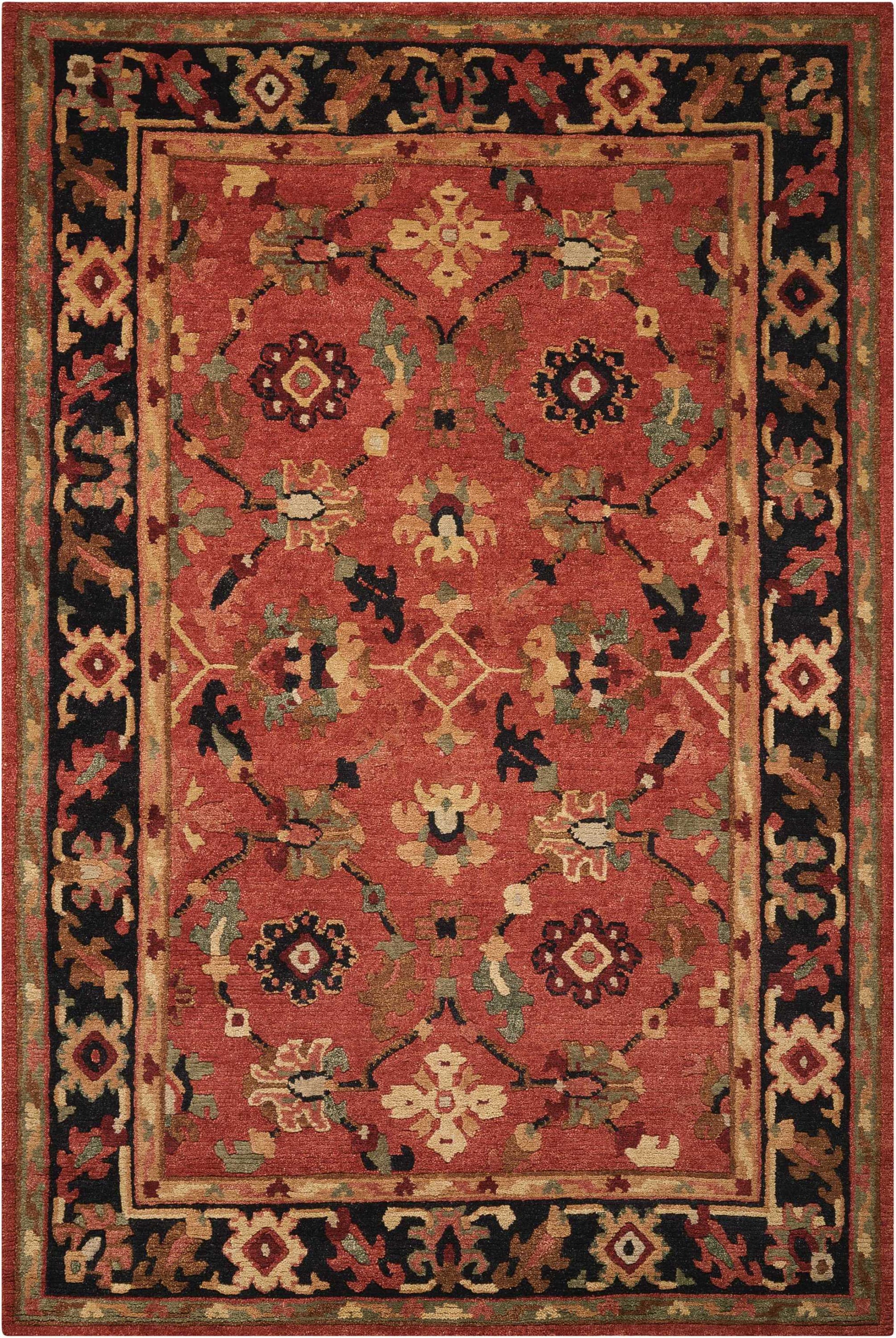 Persian-style wool rug; red field with floral vines, ivory and green accents; dark border with geometric floral motifs.