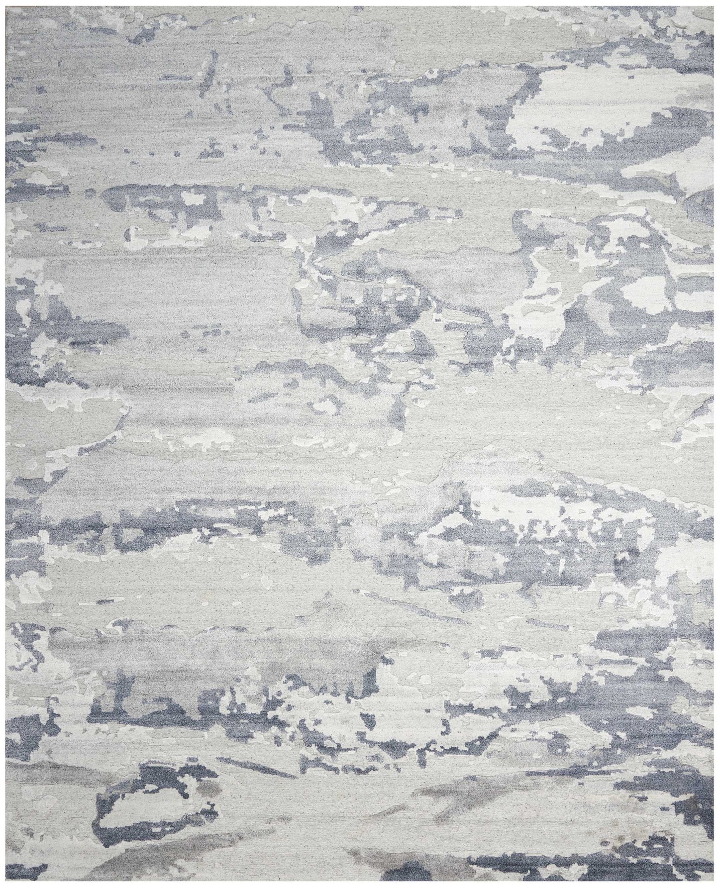 Rectangular area rug in grey & ivory with an abstract distressed pattern; soft woven texture, modern & contemporary style.