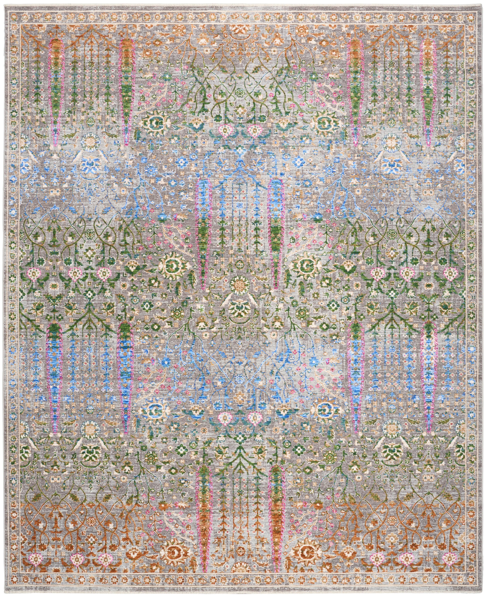 Pastel distressed Persian rug with intricate floral motifs in orange, pink, blue, green; vintage worn look and borders.