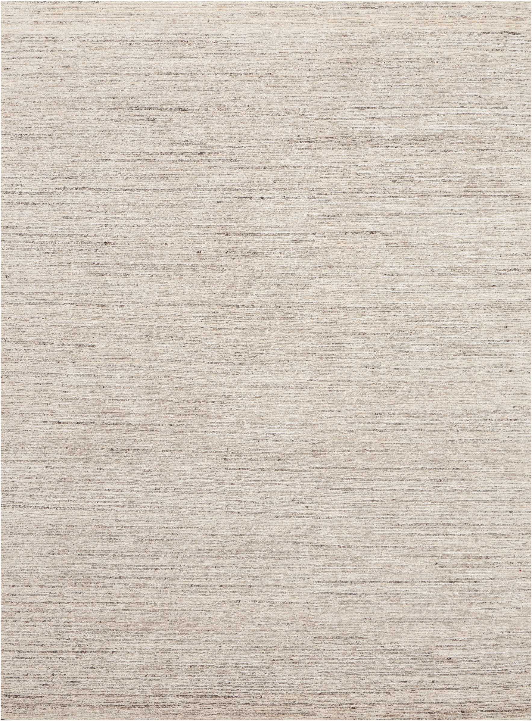 Beige textured flat-weave rug with subtle horizontal striations; neutral linen-inspired design.