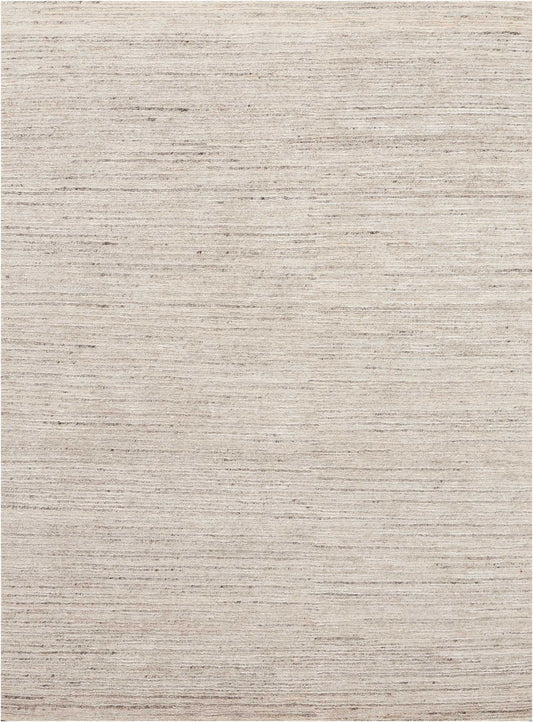 Beige textured flat-weave rug with subtle horizontal striations; neutral linen-inspired design.