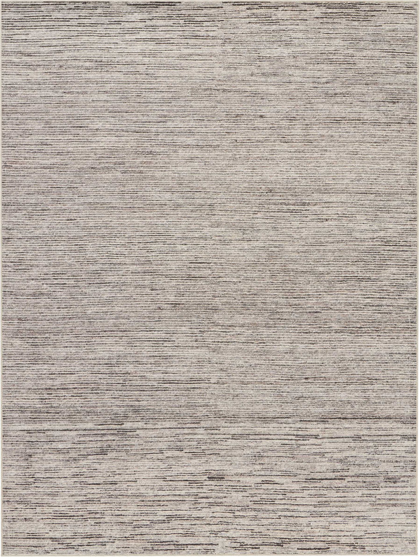 Muted beige-gray flat-weave rug with thin horizontal lines and subtle border.