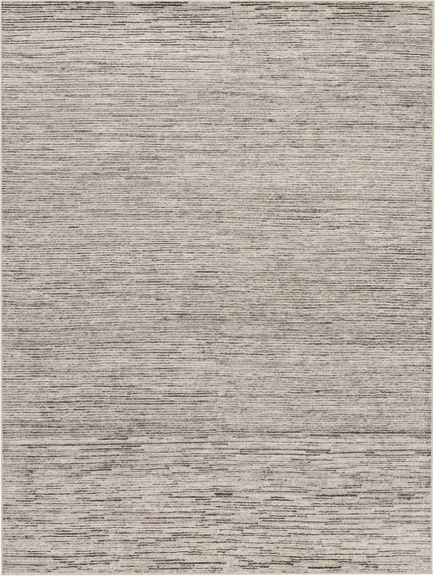 Muted beige-gray flat-weave rug with thin horizontal lines and subtle border.