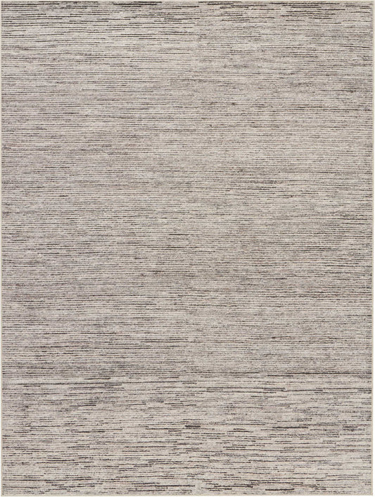 Muted beige-gray flat-weave rug with thin horizontal lines and subtle border.