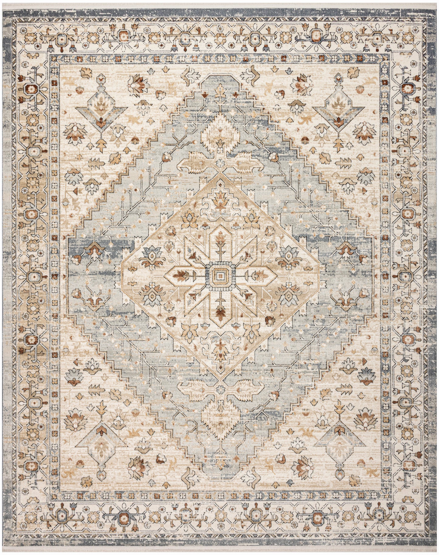 Oriental-style area rug in cream, blue-gray and beige, featuring a central diamond medallion and floral border.