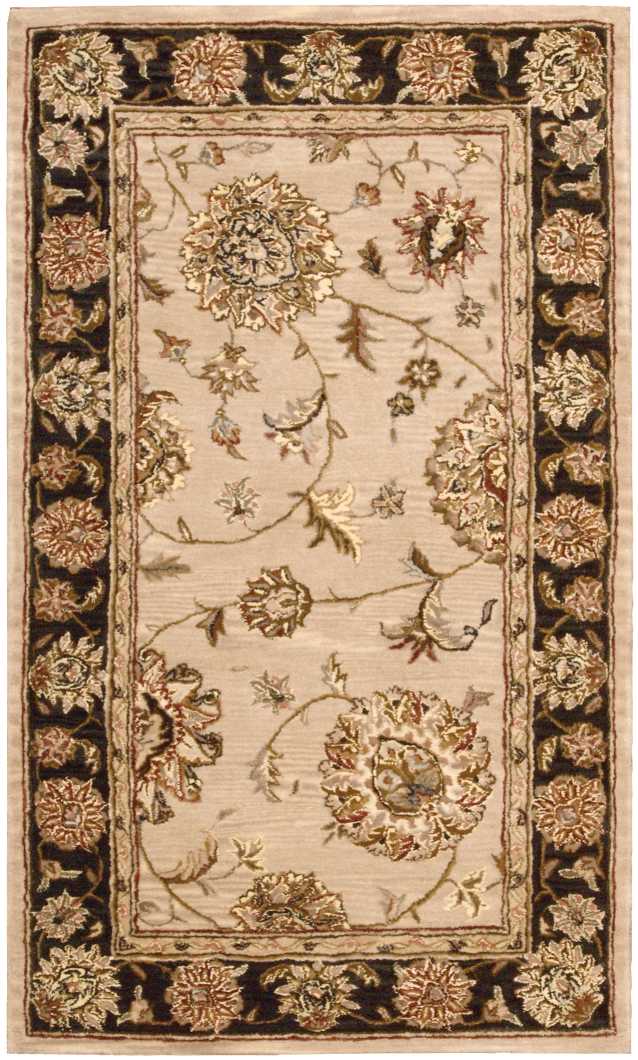Beige oriental rug with gold floral medallions and vines, framed by a black border with gold flowers.