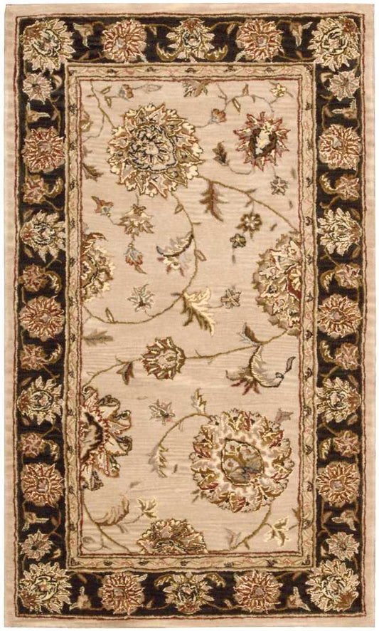 Beige oriental rug with gold floral medallions and vines, framed by a black border with gold flowers.