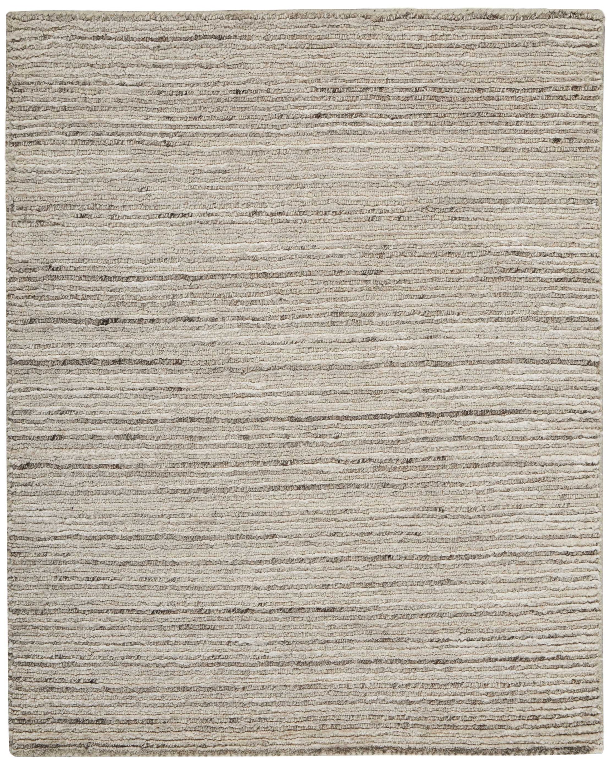 Neutral beige area rug with soft plush pile and subtle horizontal stripes; rectangular for living room or bedroom.