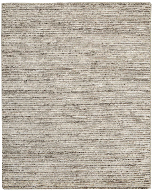 Neutral beige area rug with soft plush pile and subtle horizontal stripes; rectangular for living room or bedroom.