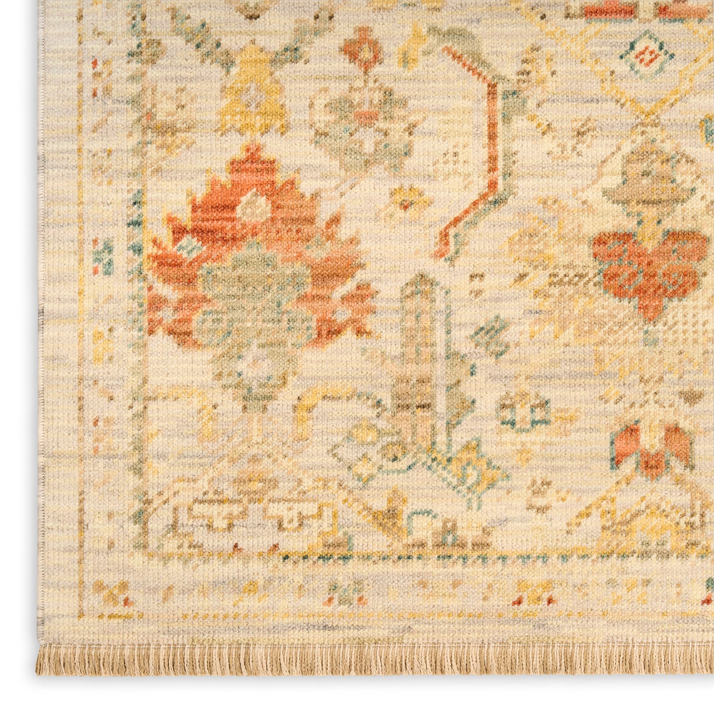 Light beige oriental rug with red, blue, and gold floral motifs and a fringed edge.