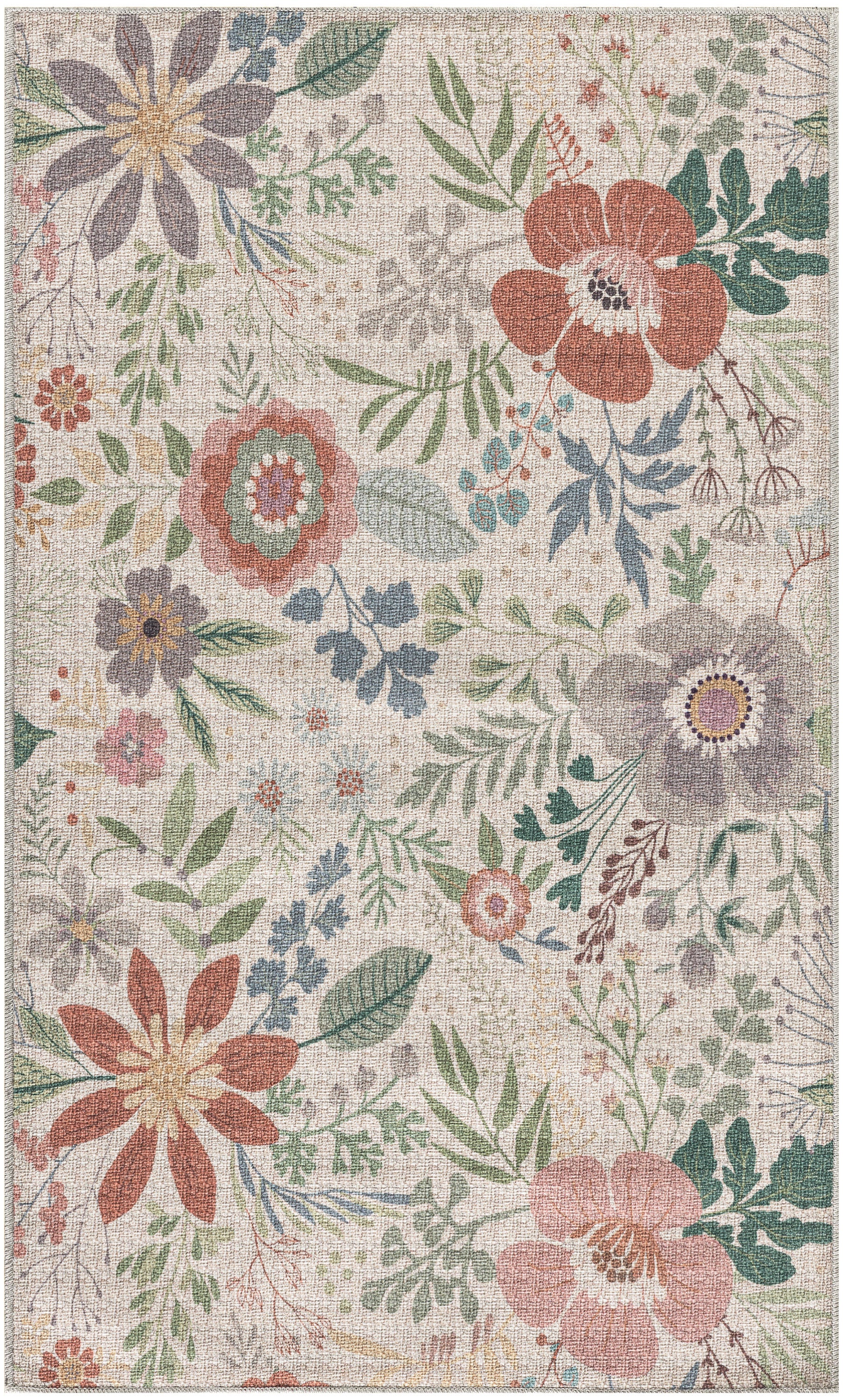 Beige floral area rug with large red, pink and purple blossoms and green foliage.