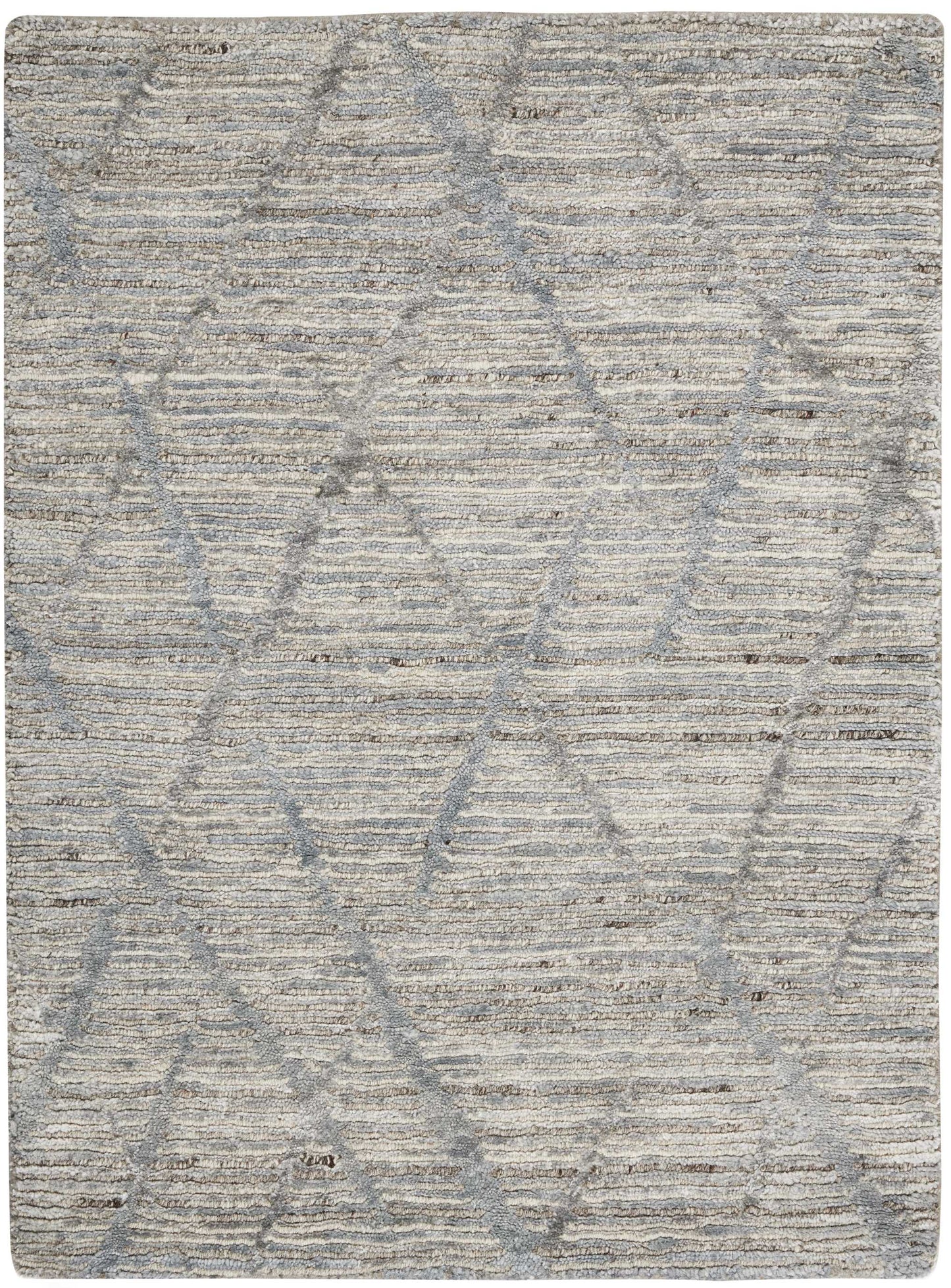 Rectangular beige-gray rug with soft, textured pile and subtle overlapping diamond pattern.