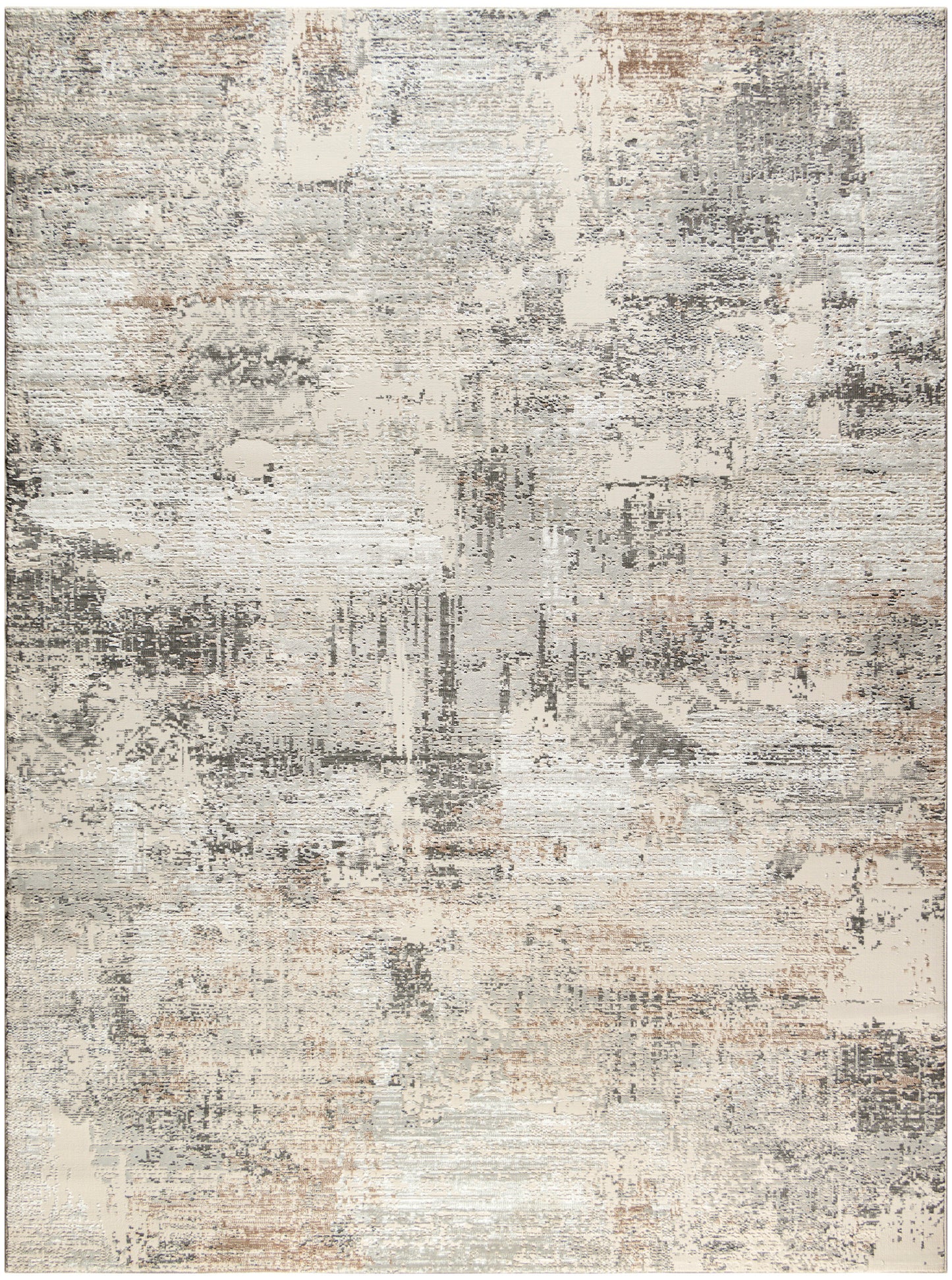 Abstract distressed area rug in beige, gray & taupe with muted textures; rectangular modern decor rug.