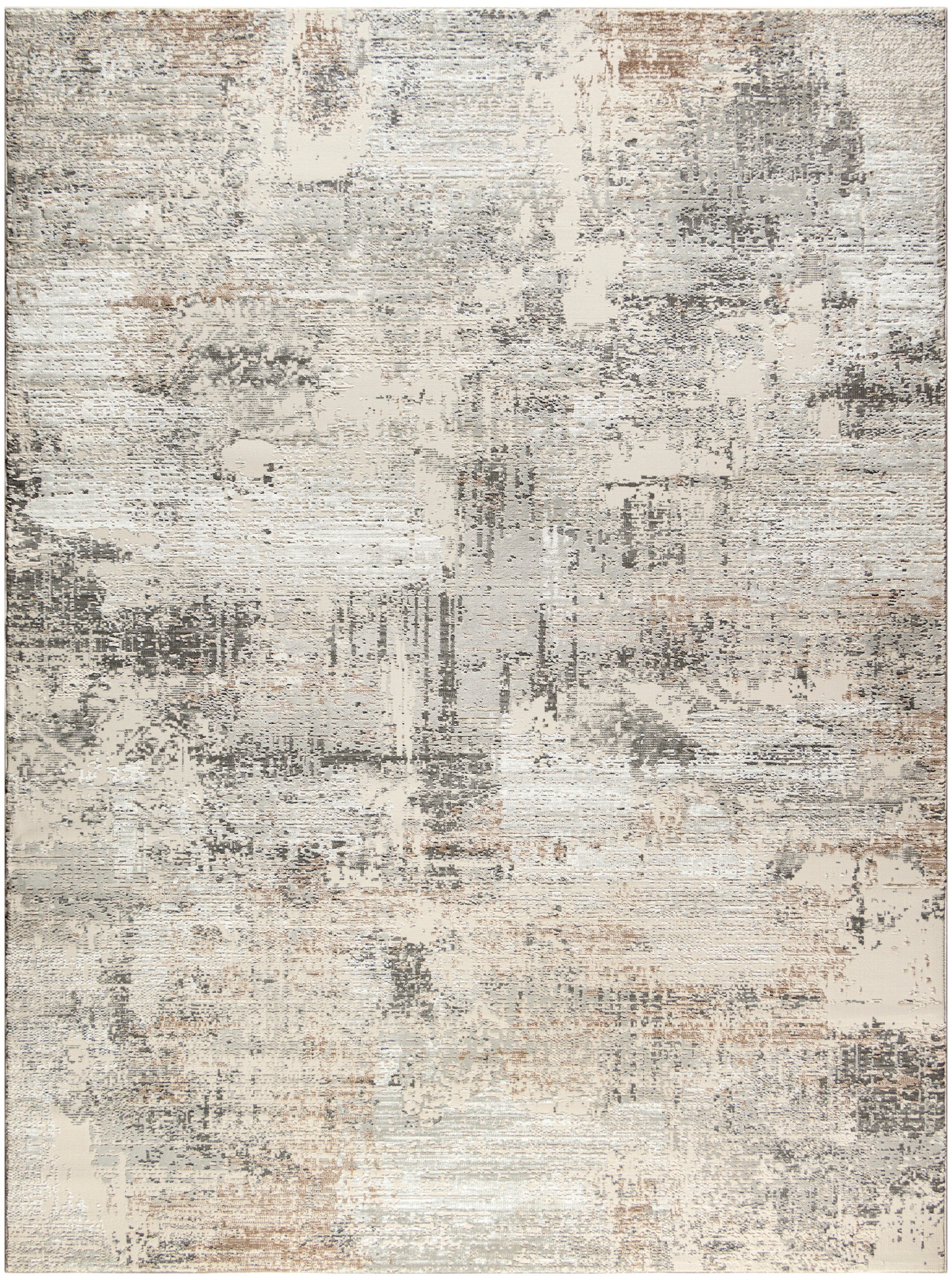 Abstract distressed area rug in beige, gray & taupe with muted textures; rectangular modern decor rug.