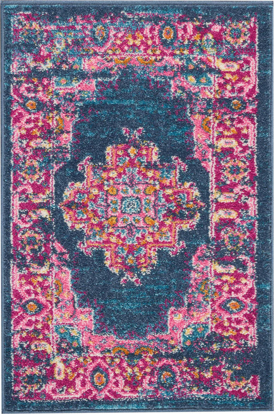 Vibrant oriental rug with teal center field, pink border, & multicolor floral medallion design.