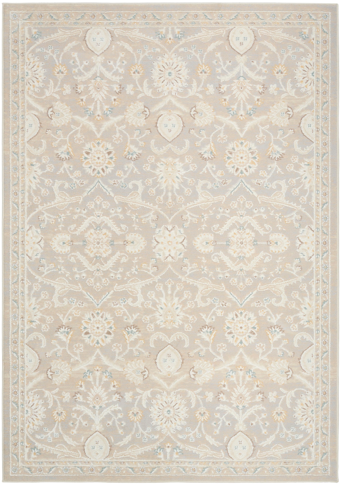 Rectangular Persian-inspired rug in beige, ivory and pale blue with ornate floral motif; soft living-room area rug.