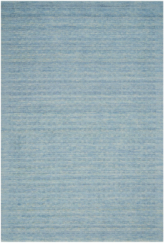 Blue flatwoven area rug with subtle variegated stripes and soft texture.