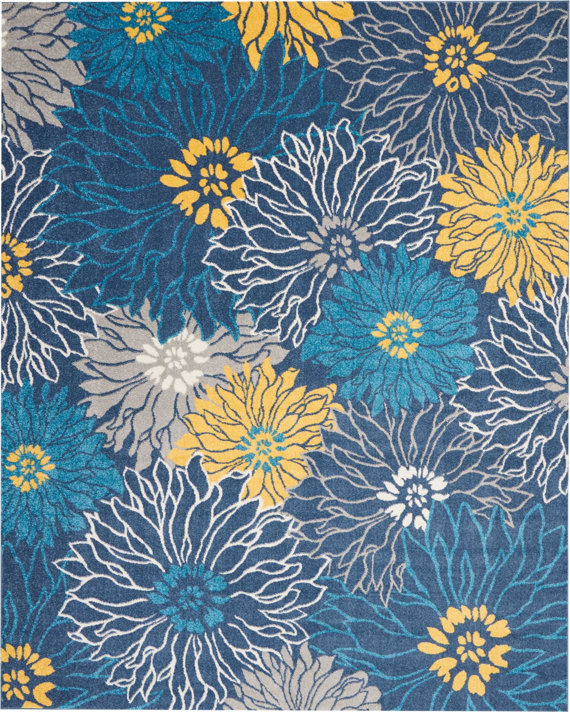 Oversized teal, yellow, gray and white floral rug with bold petal outlines on a navy background; modern tropical style.